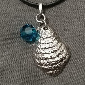 Oyster Shell Pendant with Turquoise Charm Necklace Clam Shell Silver